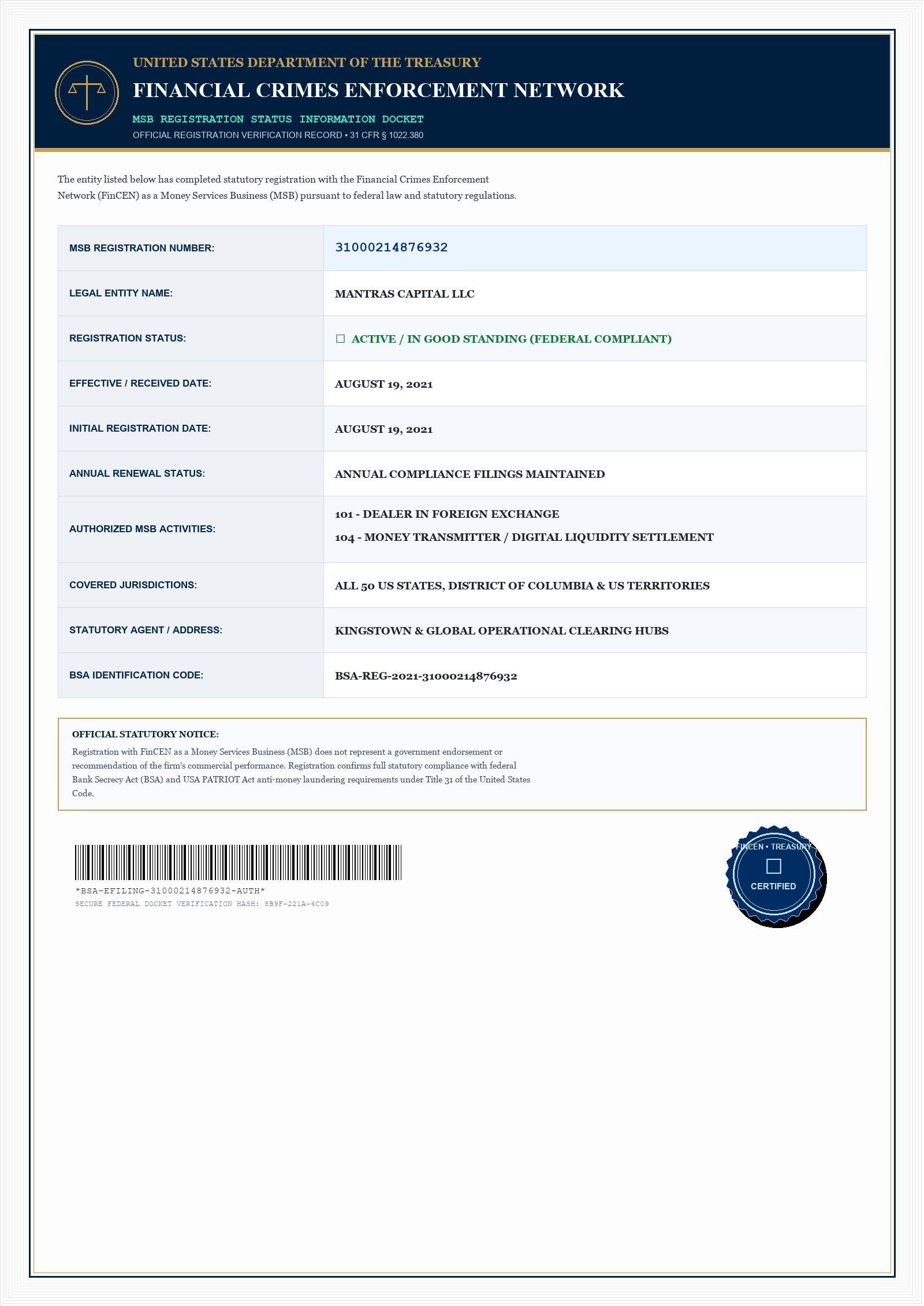 Money Services Business (MSB) Registration