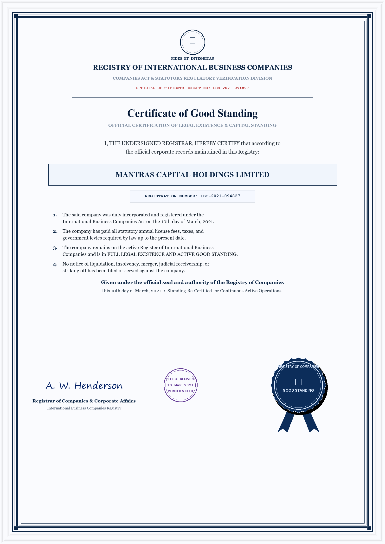 Certificate of Incorporation & Good Standing